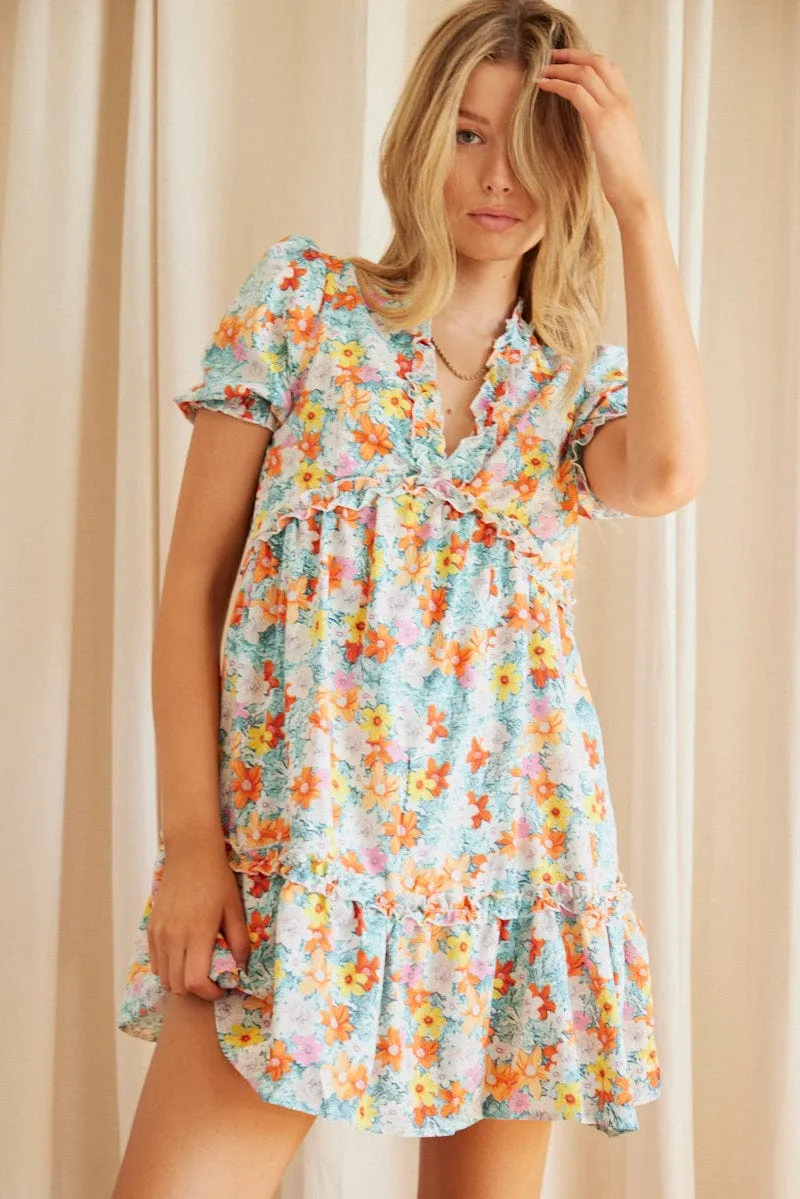 Fresh Edge Print Mini Dress Short Sleeve V Neck