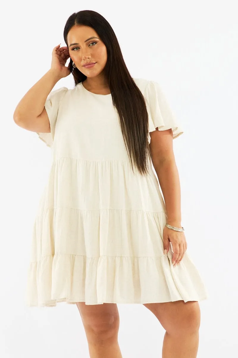 Beige Flared Sleeve Tiered Mini Dress Party Vibe