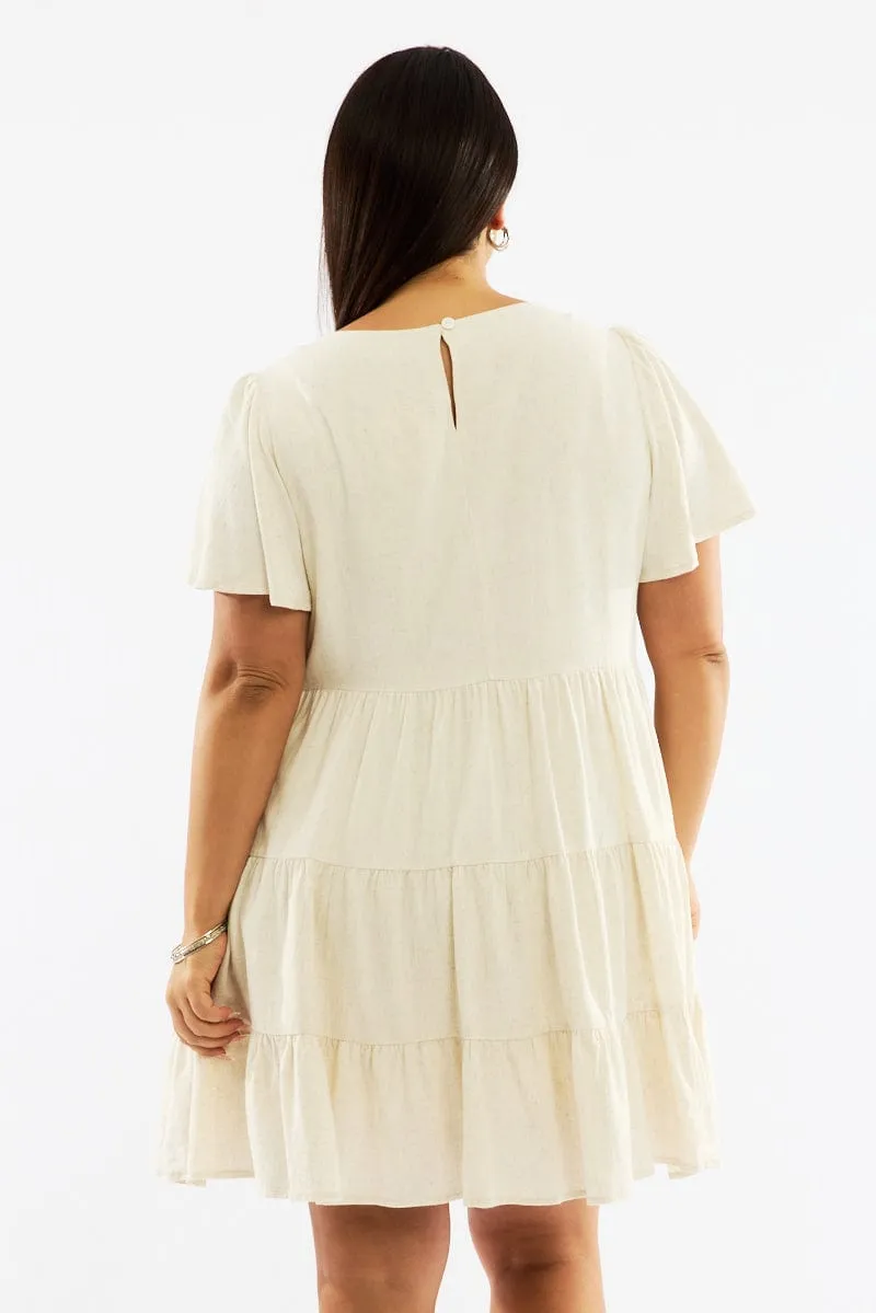 Boho Vibes Beige Flared Sleeve Tiered Mini Dress