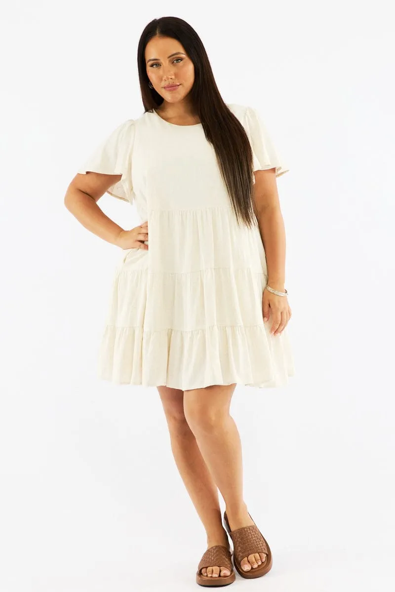 Beige Flared Sleeve Tiered Mini Dress City Shine