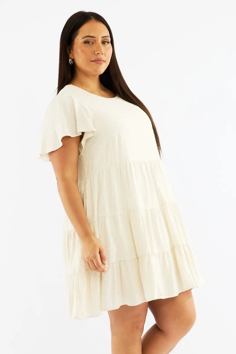 Beige Flared Sleeve Tiered Mini Dress Easy Look Stylish Fit