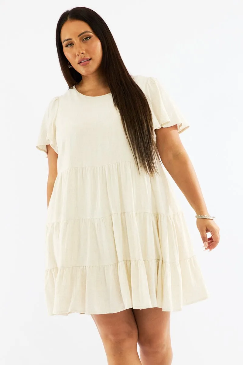 Cozy Fashion Beige Flared Sleeve Tiered Mini Dress