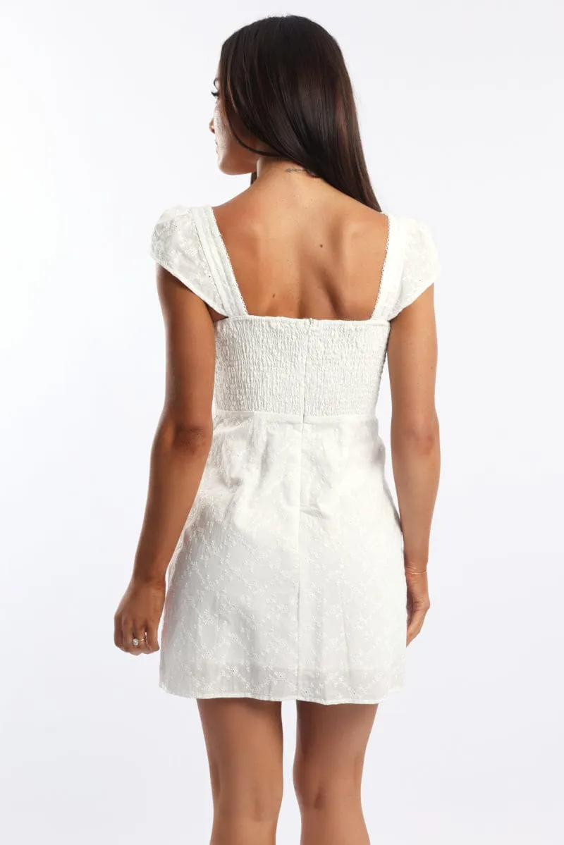 White Mini Dress Ribbon Detail Eyelet Fabric Quick Glam