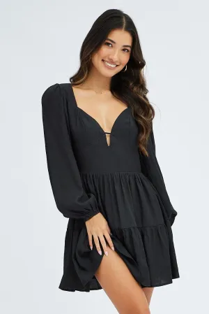 Black Fit And Flare Dress Long Sleeve Mini Trendy Top