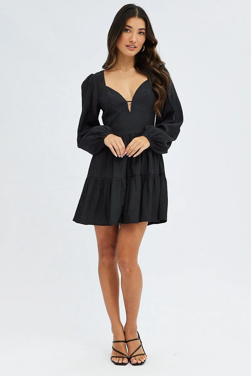 NonRestrictiveCut Black Fit And Flare Dress Long Sleeve Mini