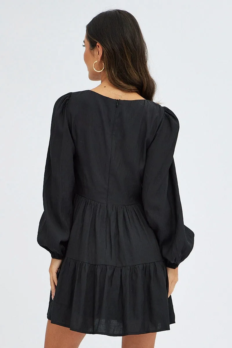CompactFold Black Fit And Flare Dress Long Sleeve Mini