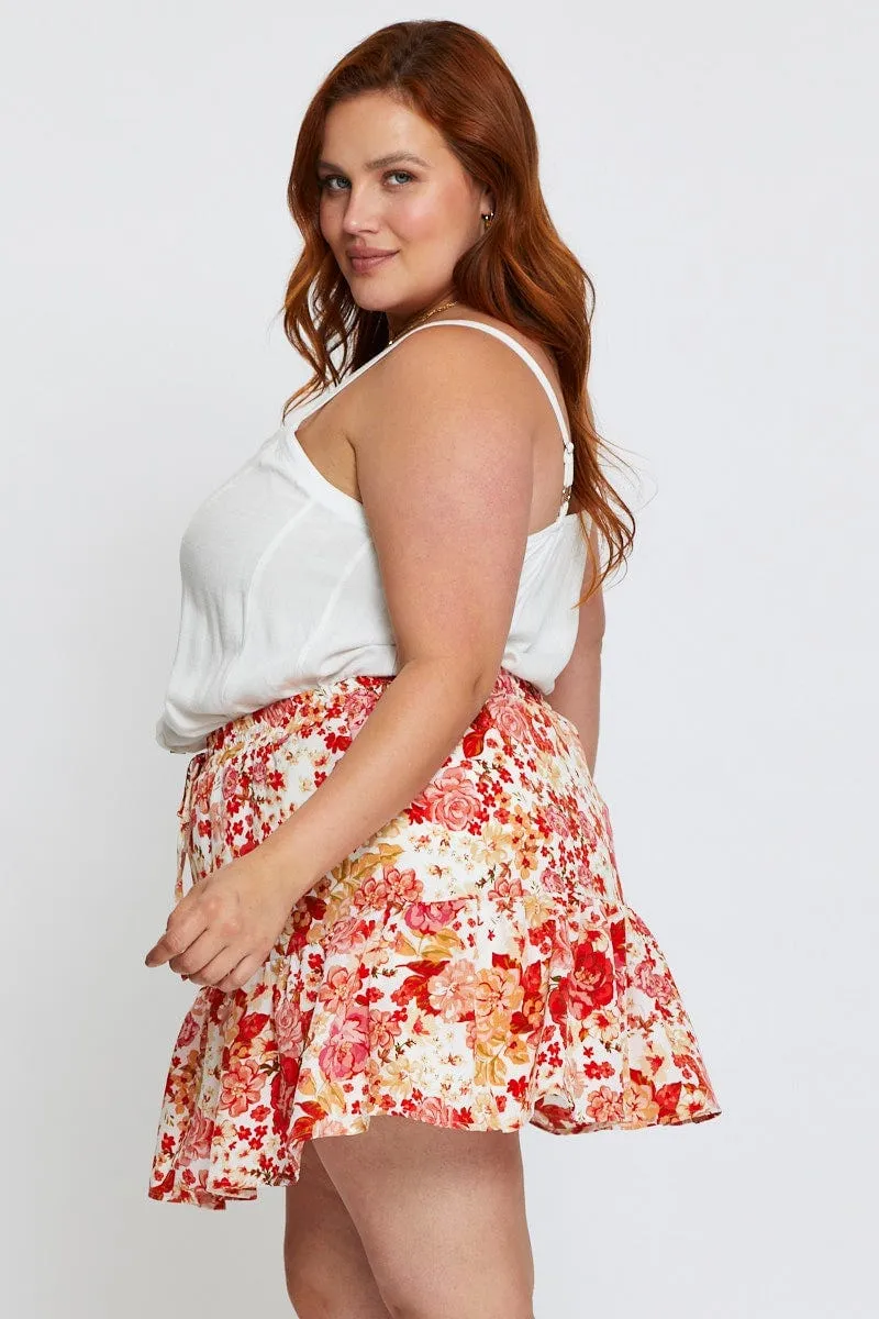 Floral Print Mini Skater Skirt Elastic Waist Sleek Detail