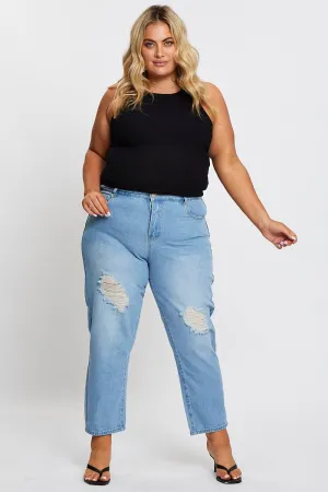 Blue High Rise Straight Denim Jeans Color Lock Technology Night Out Neutral Textured