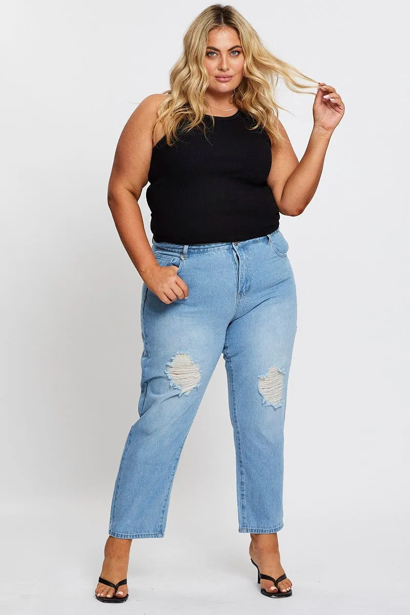 Work Meeting Trendy Modern Minimalist Blue High Rise Straight Denim Jeans