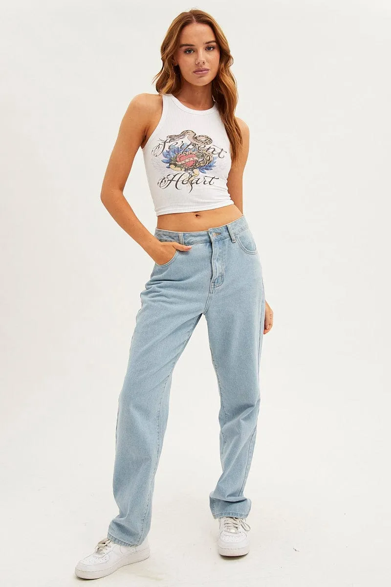 White Tank Top Round Neck Digital Print Craft Soul