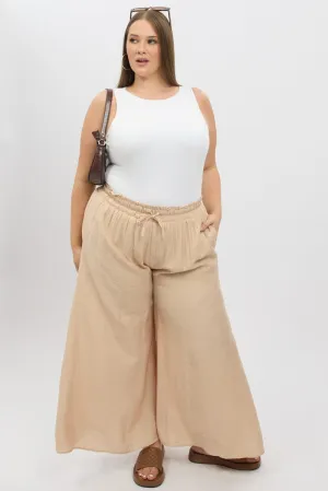 Lightweight Construction Beige Paperbag Waist Very Wide Leg Pants