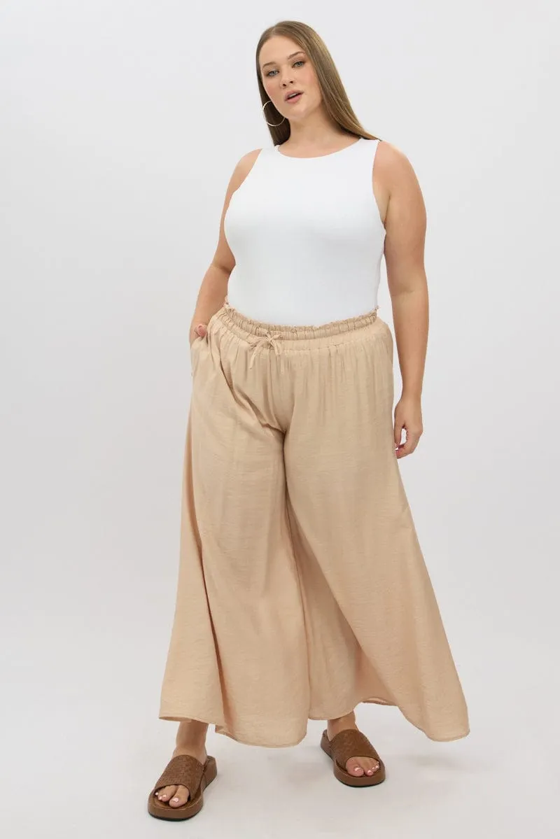 Beige Paperbag Waist Very Wide Leg Pants Breathable activewear