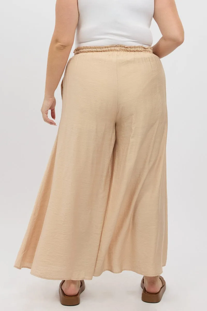 ReinforcedBeltLoops Water Resistant Beige Paperbag Waist Very Wide Leg Pants