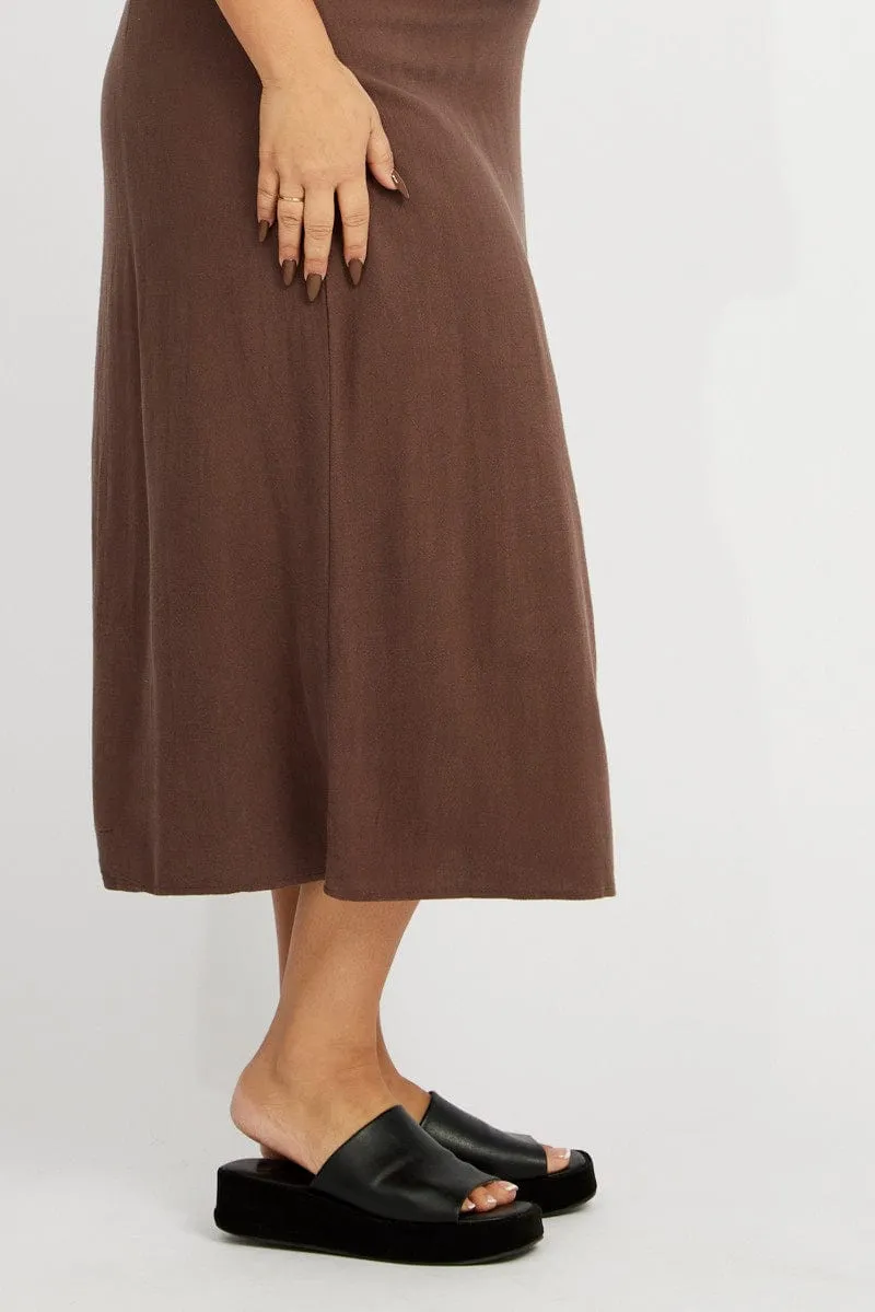 Easy Style Local Artisan Brown Linen Blend Straight Longline Skirt