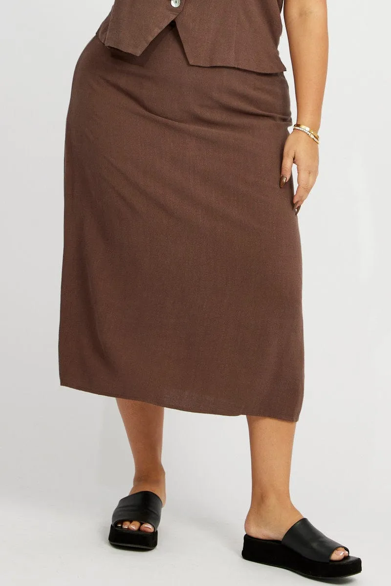 Brown Linen Blend Straight Longline Skirt Cruise Attire Office Appropriate