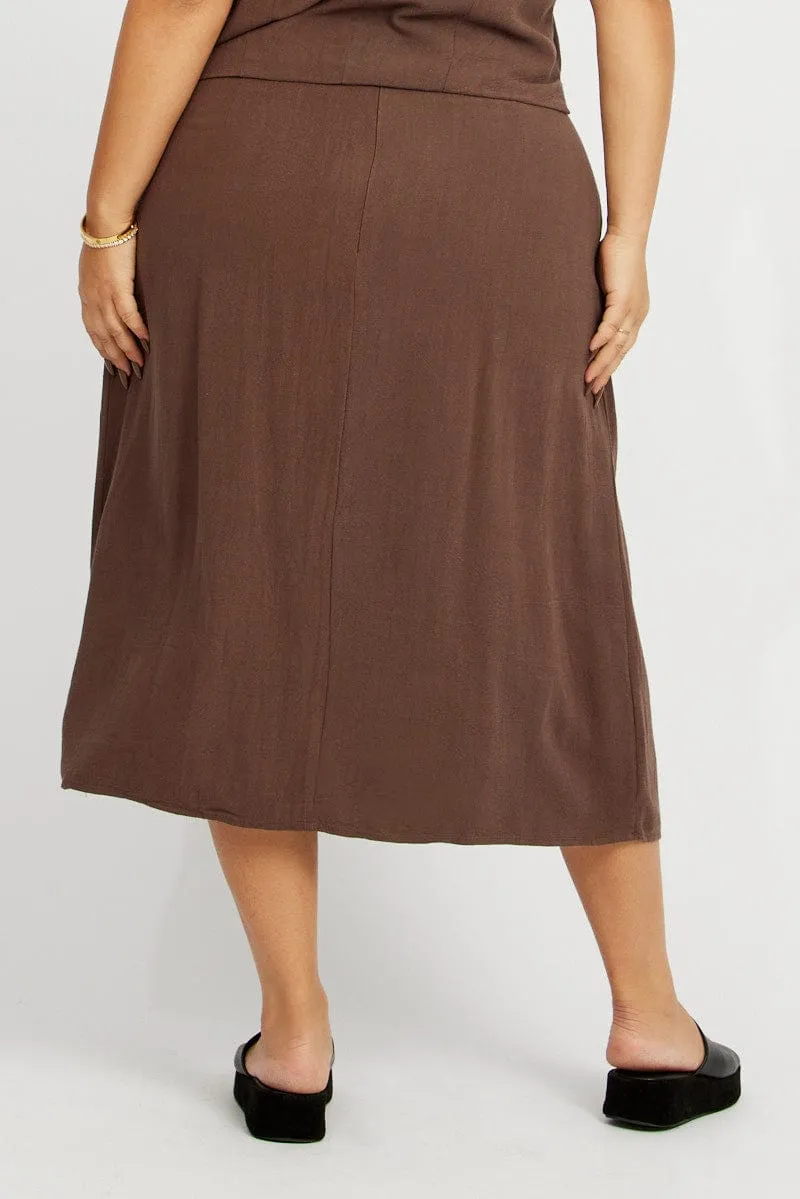 Brown Linen Blend Straight Longline Skirt raw hem