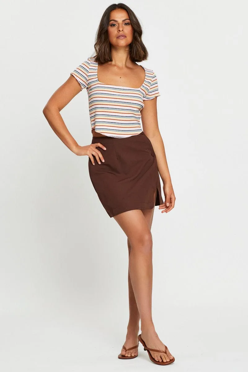 Brown High Waist Linen Front Slit Minimal Design Gentle Comfort