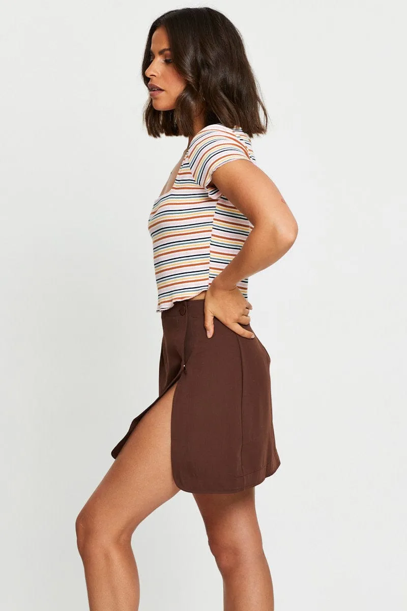 Casual Moments Brown High Waist Linen Front Slit