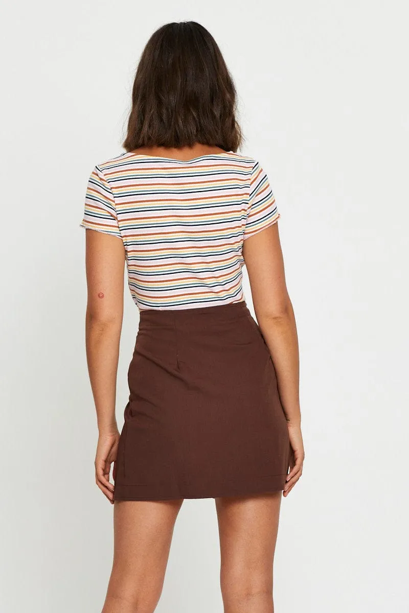 Brown High Waist Linen Front Slit Anti Pilling Treatment