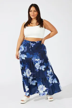 Subtle Detail Blue Floral Maxi Skirt Elastic Waist