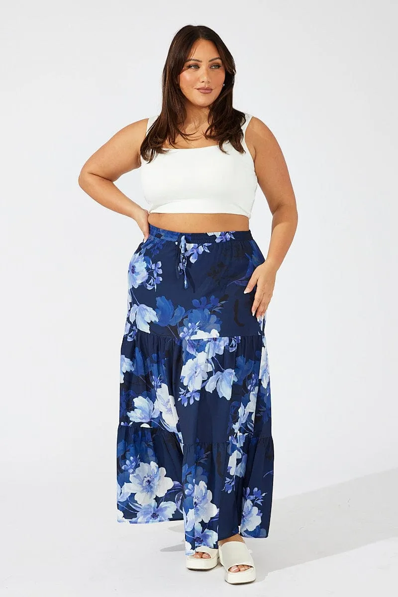 Curve Friendly Blue Floral Maxi Skirt Elastic Waist