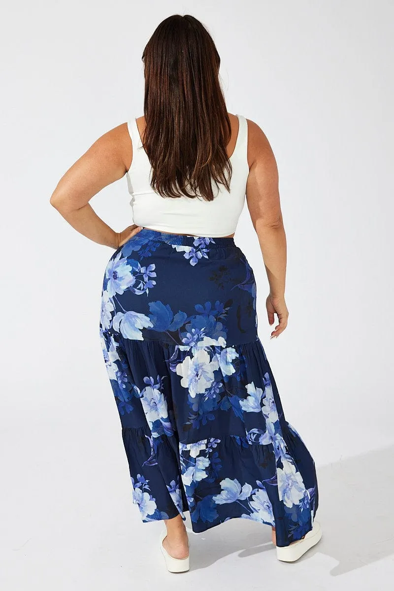 Comfort Waistline Blue Floral Maxi Skirt Elastic Waist