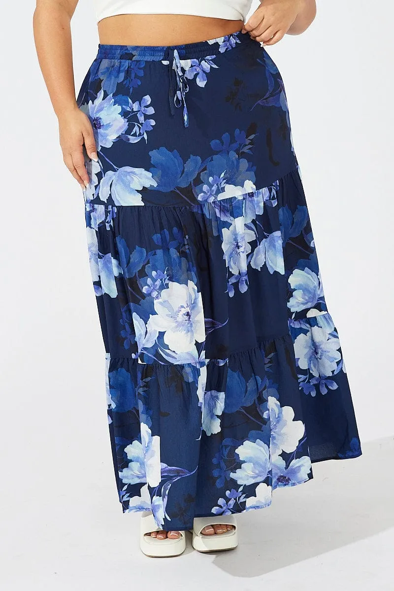 Blue Floral Maxi Skirt Elastic Waist Invisible Seams Recycled Polyester
