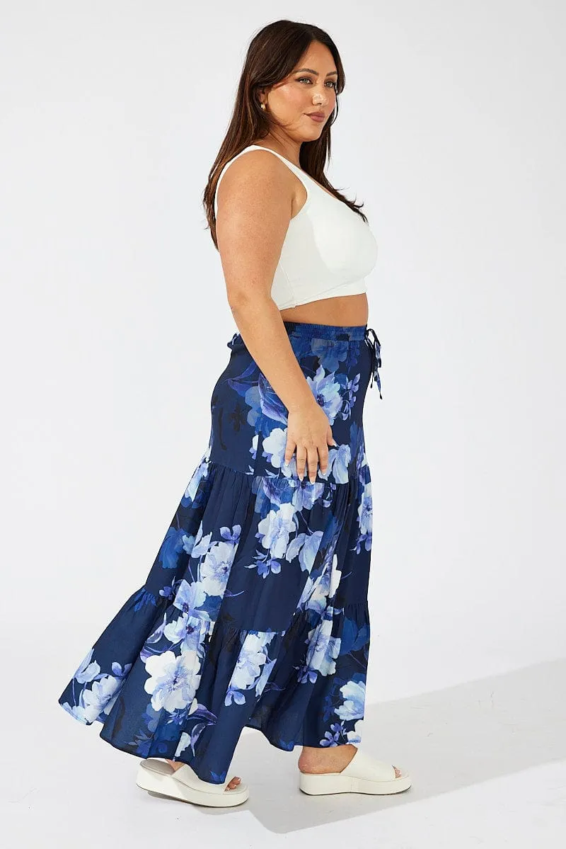 Summer Picnic High Shine Blue Floral Maxi Skirt Elastic Waist