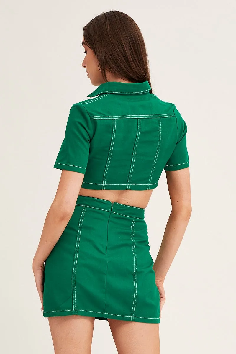 Reinforced Pockets Green Contrast Stitch Mini Skirt