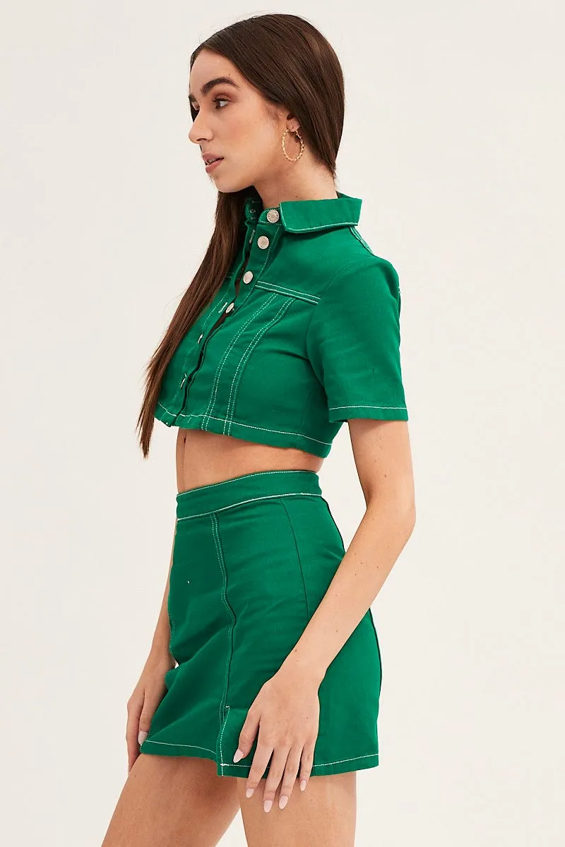 Green Contrast Stitch Mini Skirt Urban Fashion
