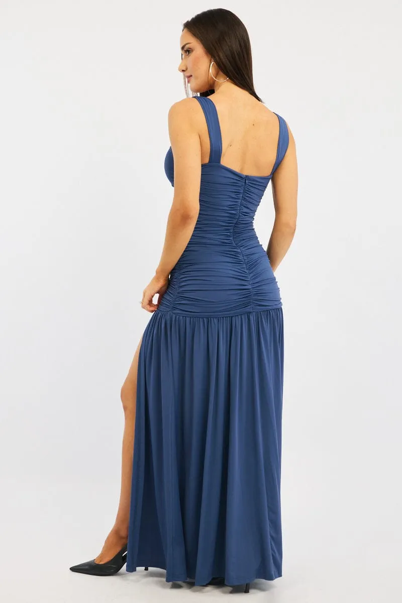 Blue Maxi Dress Front Split Pine Path Cream Tone