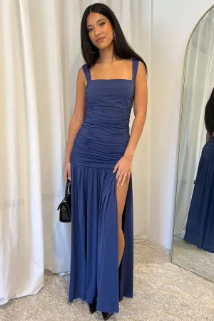Cotton Shade Blue Maxi Dress Front Split