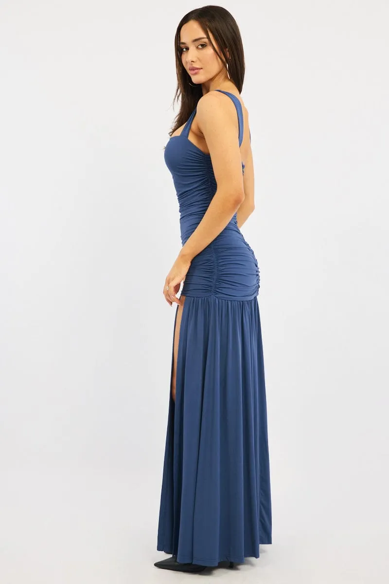 Its elegant silhouette adds a touch of sophistication to your everyday look Velvet Glow Blue Maxi Dress Front Split