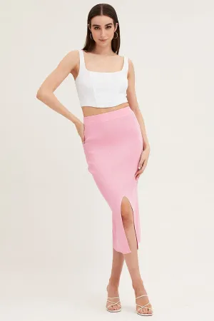 Pink Slit Knit Midi Skirt Street Style Adjustable Hem