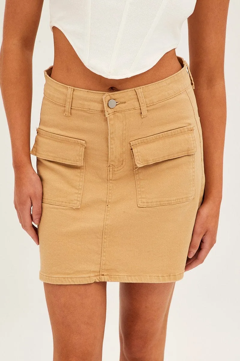 Beige High Rise Cargo Mini Denim Skirt Outfit Details Minimalist Trim