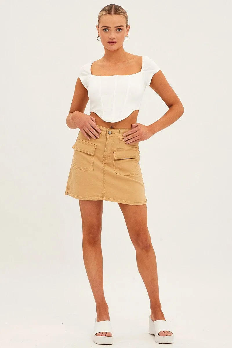 Beige High Rise Cargo Mini Denim Skirt Pleated Construction