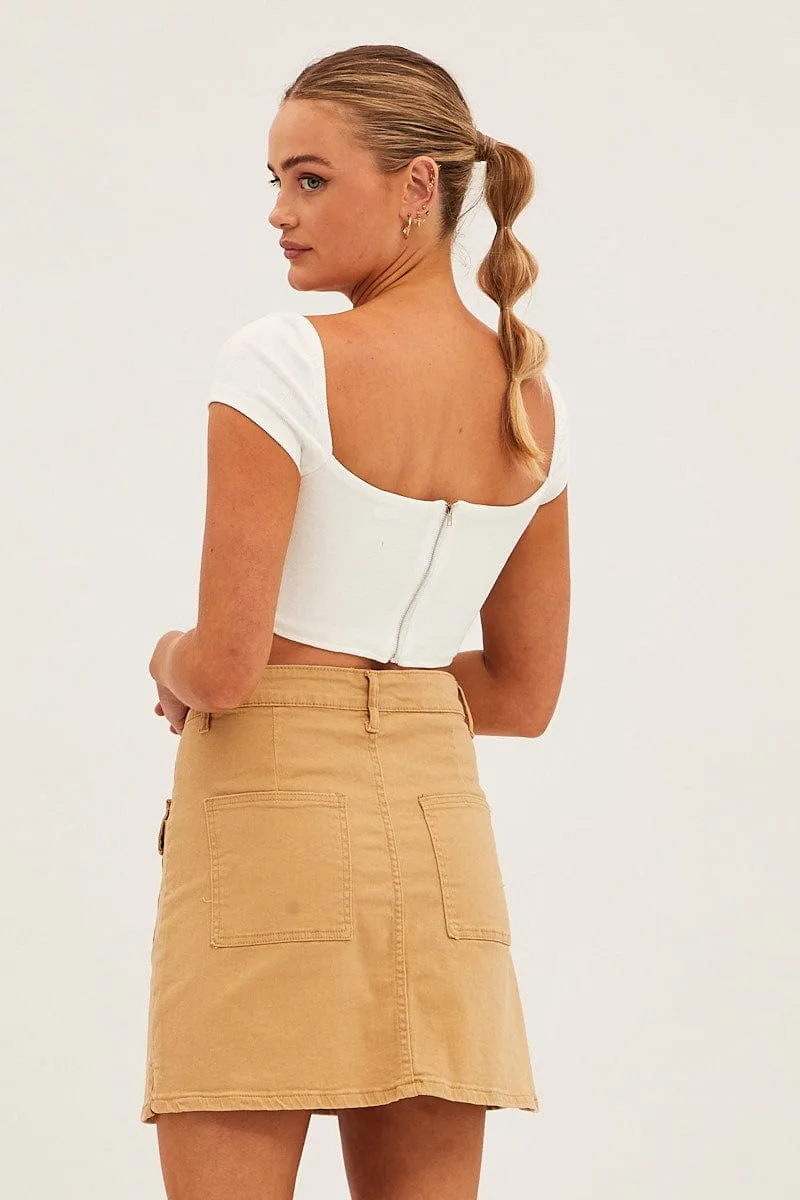 Beige High Rise Cargo Mini Denim Skirt All Day Soft Touch