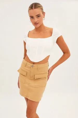 Clean Finish Soft Lines Beige High Rise Cargo Mini Denim Skirt