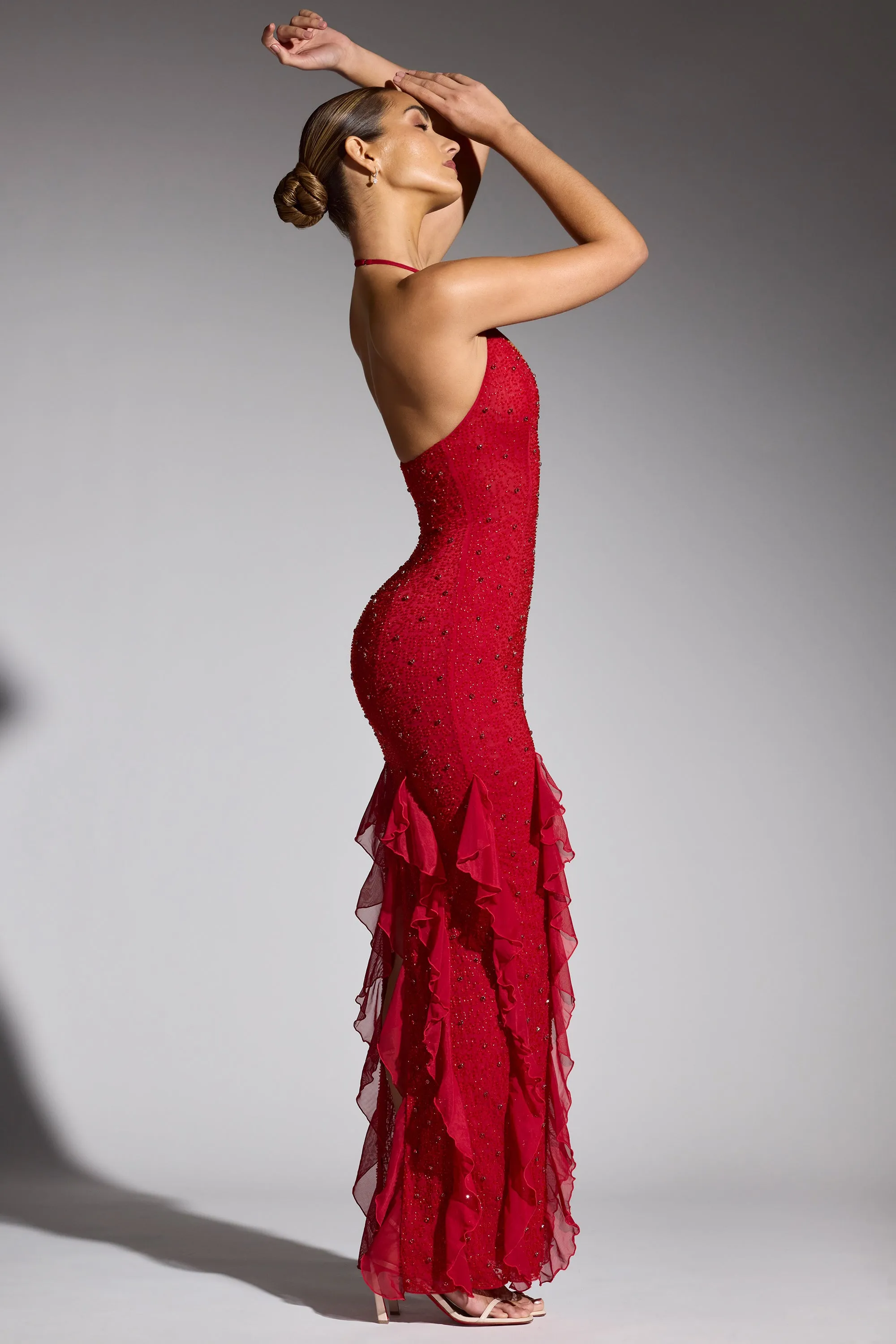 Dune Glow Embellished Halter Neck Ruffle Maxi Dress in Red