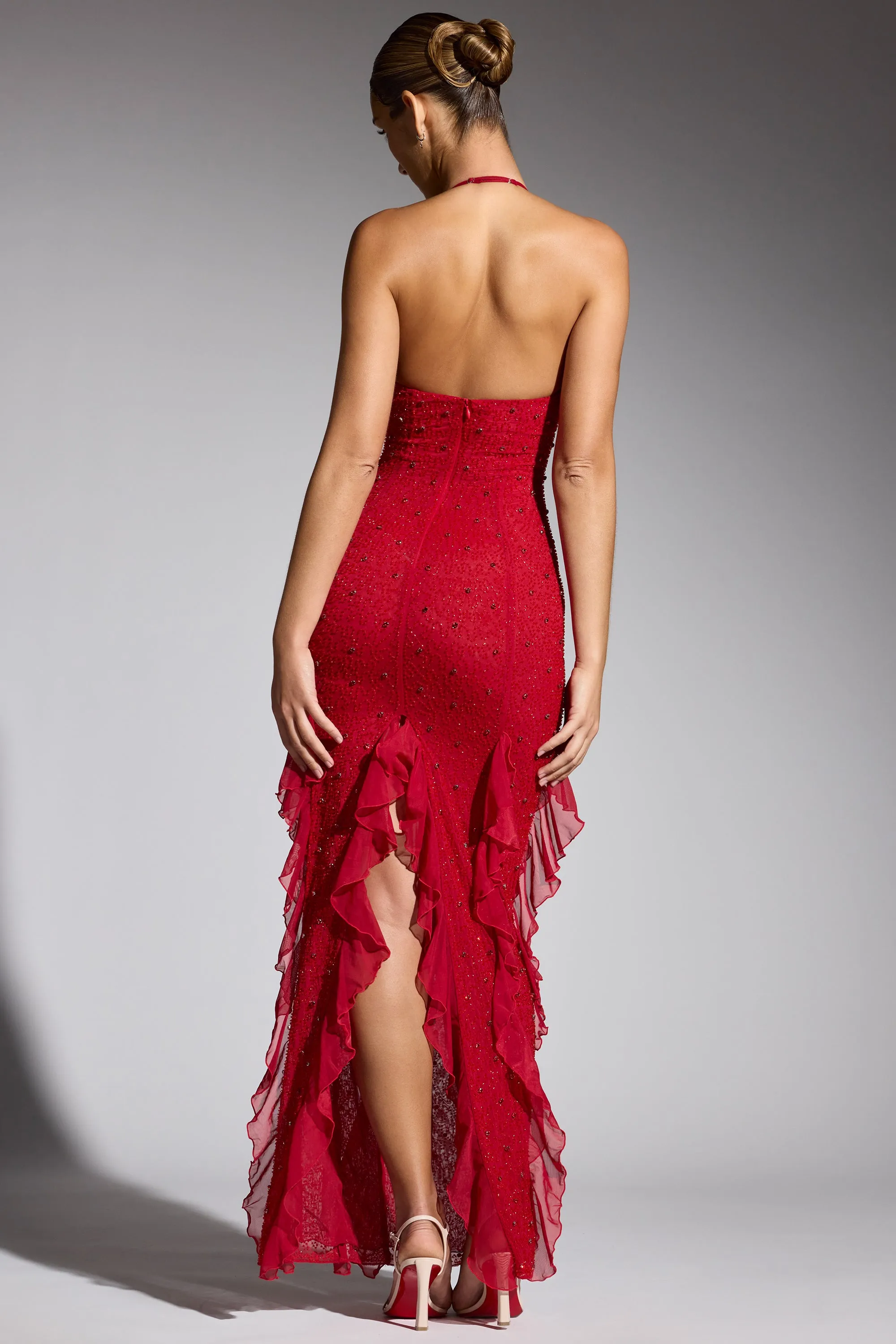 Embellished Halter Neck Ruffle Maxi Dress in Red Maple View The versatile nature of this maxi dress allows for a range of styling possibilities from casual to chic