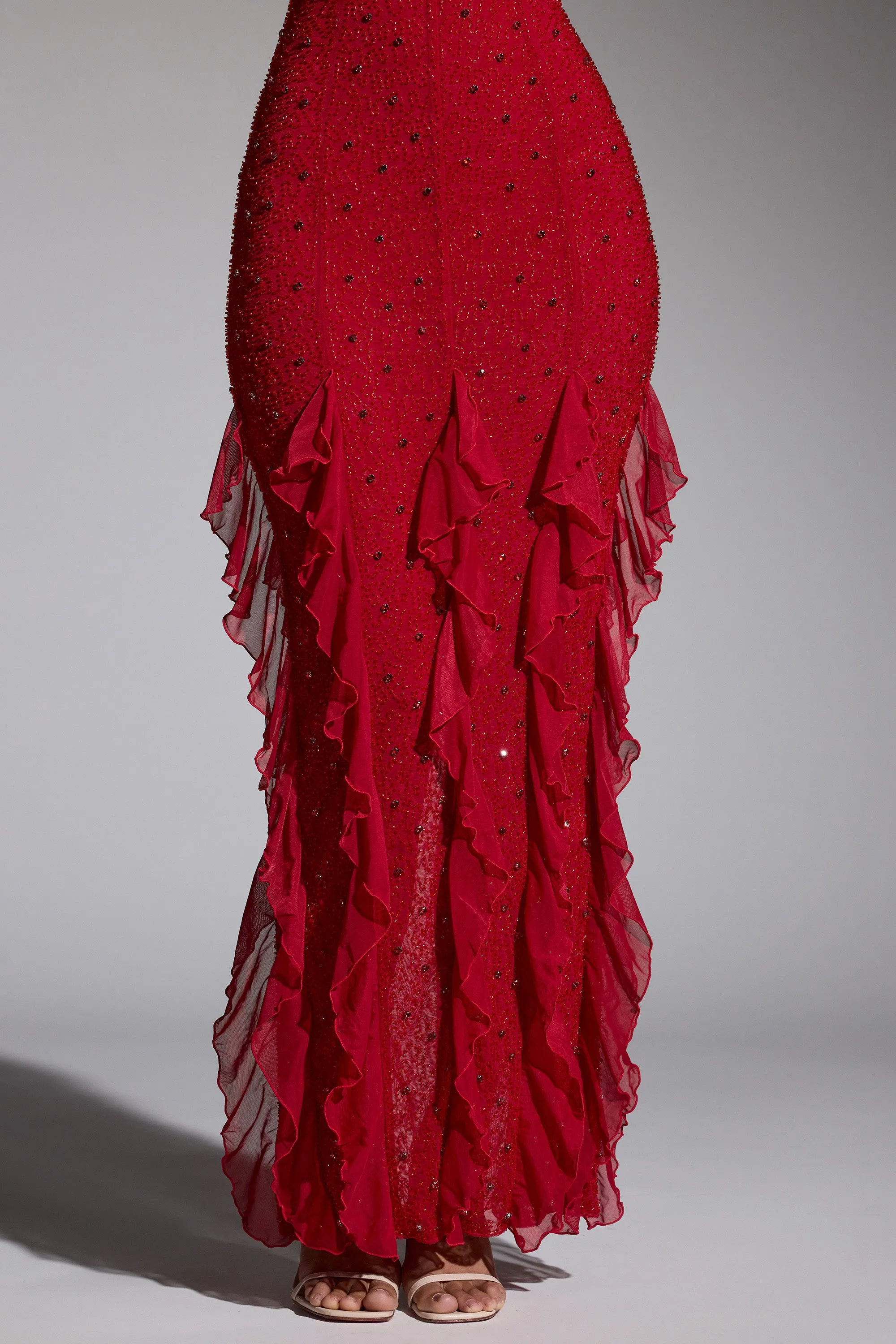 Timeless and classic maxi Cliff View Embellished Halter Neck Ruffle Maxi Dress in Red