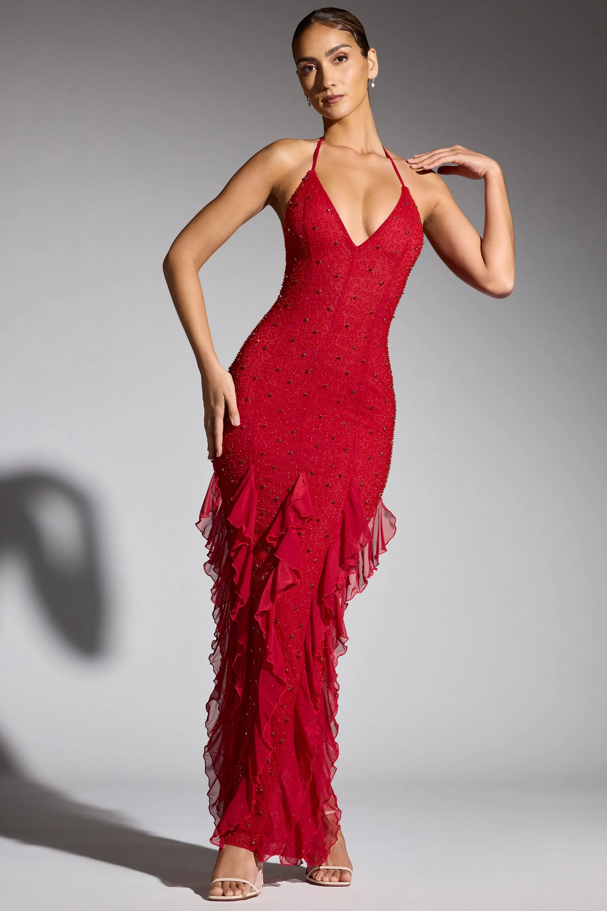 Star Trail Ethnic Vibe Embellished Halter Neck Ruffle Maxi Dress in Red