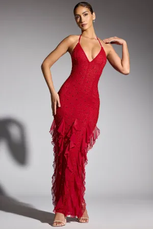 Star Trail Ethnic Vibe Embellished Halter Neck Ruffle Maxi Dress in Red