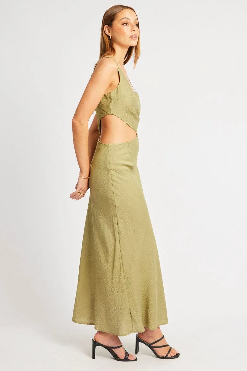 Stone Path Print Art Green Maxi Dress Cut Out Detail