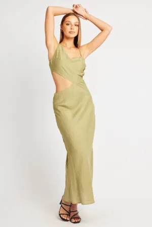 Green Maxi Dress Cut Out Detail Loose Fit Village Glow