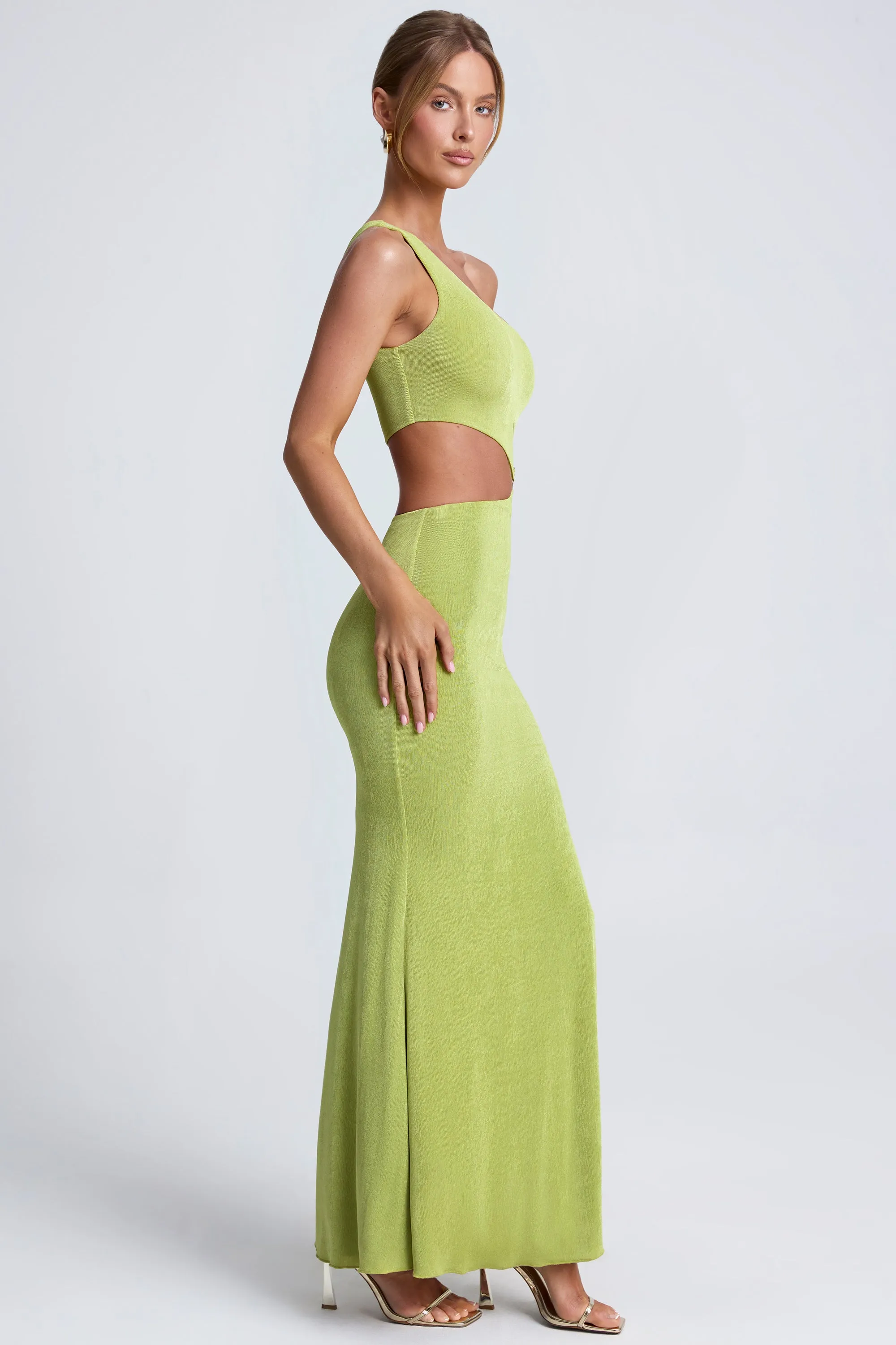 This dress provides a polished and sophisticated look while ensuring all-day comfort Candle Glow Hardware Detail One-Shoulder Maxi Dress in Olive Green