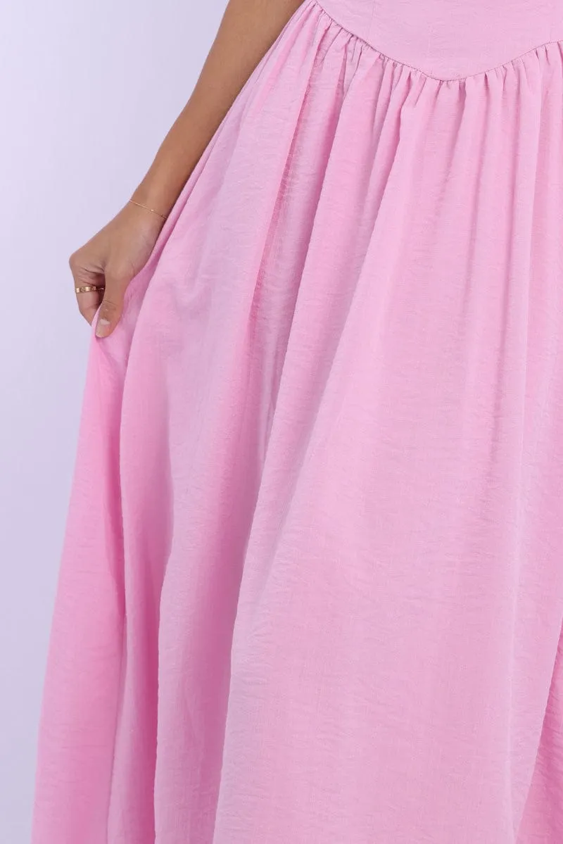 Pink Dropped Waist Maxi Dress Open Back Vibrant colored maxi