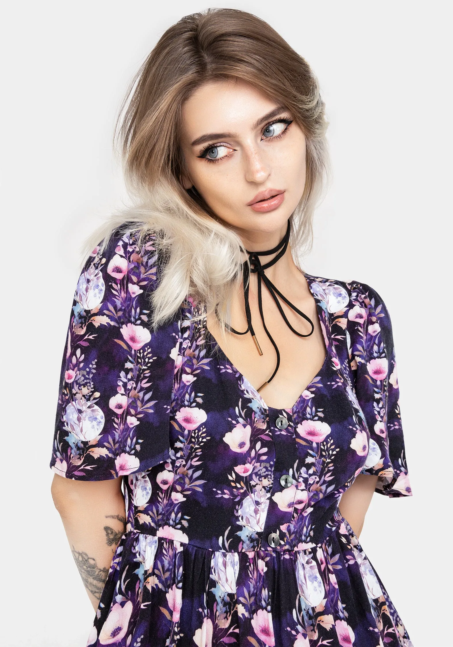 Show Time Versatile Look Socordia Floral Moon Button Front Mini Dress