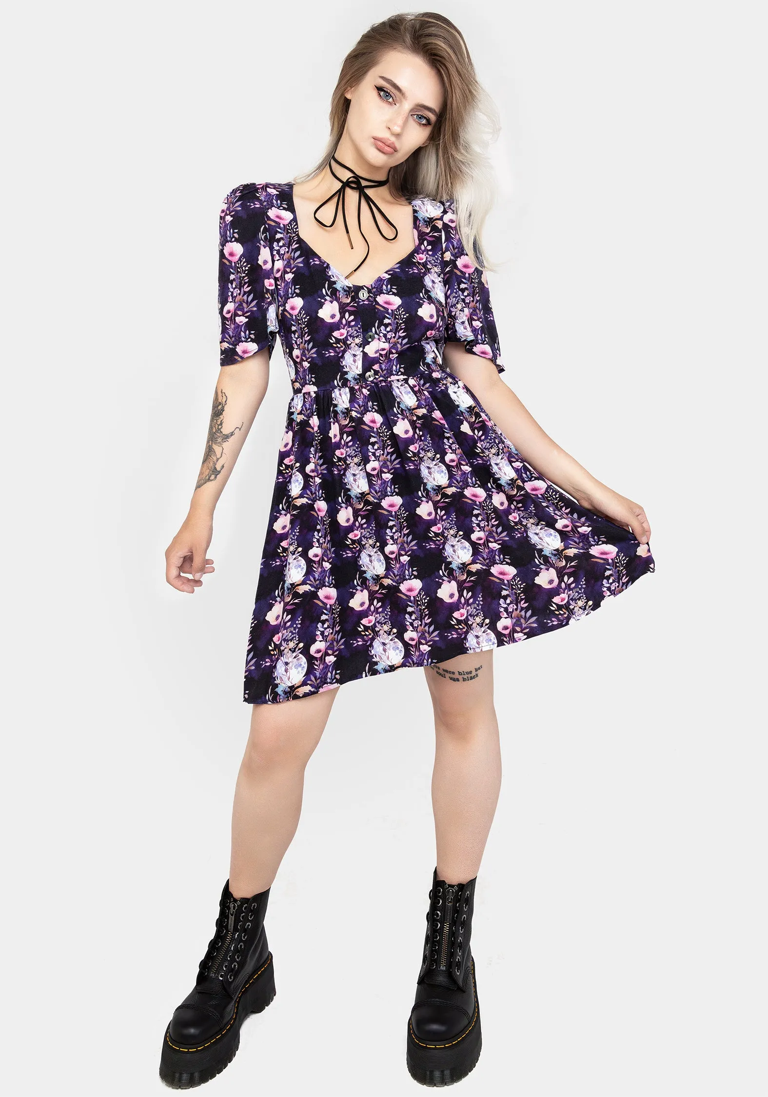 Floral Pattern Socordia Floral Moon Button Front Mini Dress