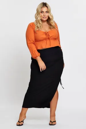 Performance Outfit Black Rib Ruched Midi Skirt